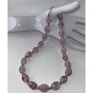 Vtg Necklace Art Glass Beads Floral Pink Green Silver 925 Dainty Luxury Feminine